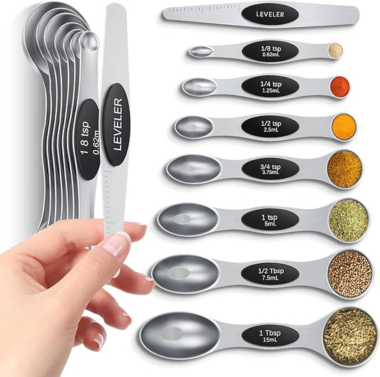 Magnetic Measuring Spoons Set with Strong N45 Magnets, Heavy Duty Stainless Steel Metal, Fits in Most Kitchen Spice Jars for Baking & Cooking, BPA Free, Multicolor, Set of 8 with Leveler（Black) by HOWGOODY