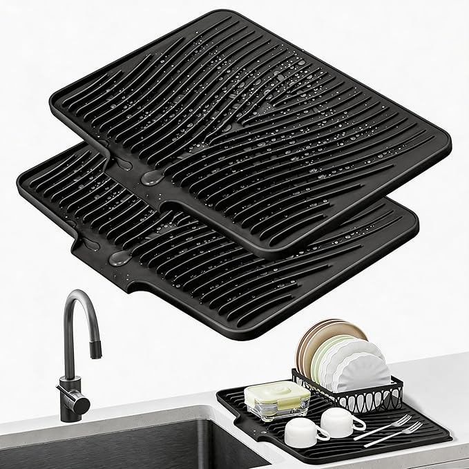 TIKNIK Silicone Dish Drying Mat, Stone Drying Mat for Kitchen Counter with Built-In Drain, Non-Slip Drain Pad with Built-in Drain, Heat Resistant Stone Drying Mat, Hangable, Black-2pcs, 20" x 15" by TIKNIKHomeOutdoor