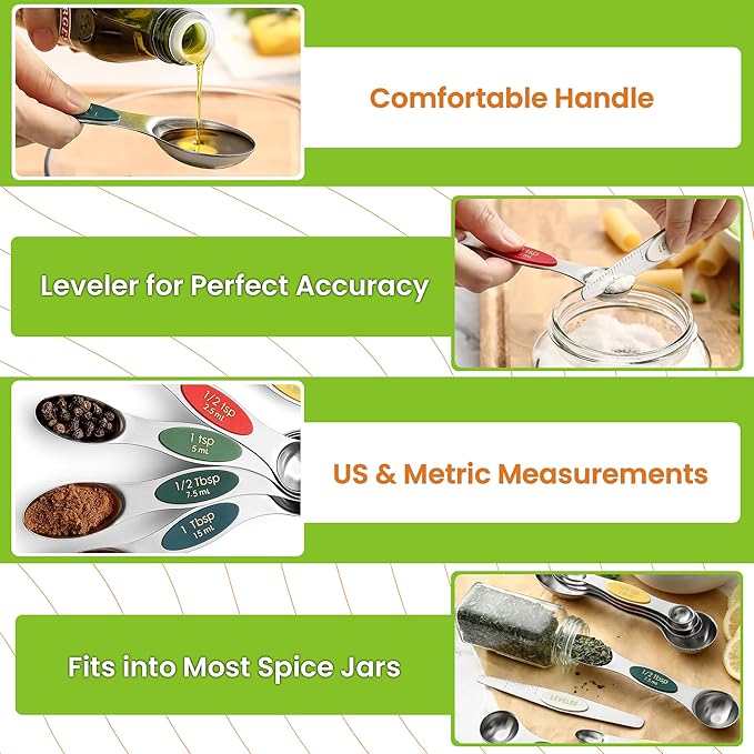 Spring Chef Stainless Steel Magnetic Measuring Spoons Set of 8 with Leveler, Metal Teaspoon & Tablespoon Measure Spoons Set for Baking & Cooking, Stackable & Double Sided Kitchen Gadgets - Very Merry - Image 6