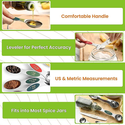 Spring Chef Stainless Steel Magnetic Measuring Spoons Set of 8 with Leveler, Metal Teaspoon & Tablespoon Measure Spoons Set for Baking & Cooking, Stackable & Double Sided Kitchen Gadgets - Very Merry - Image 6