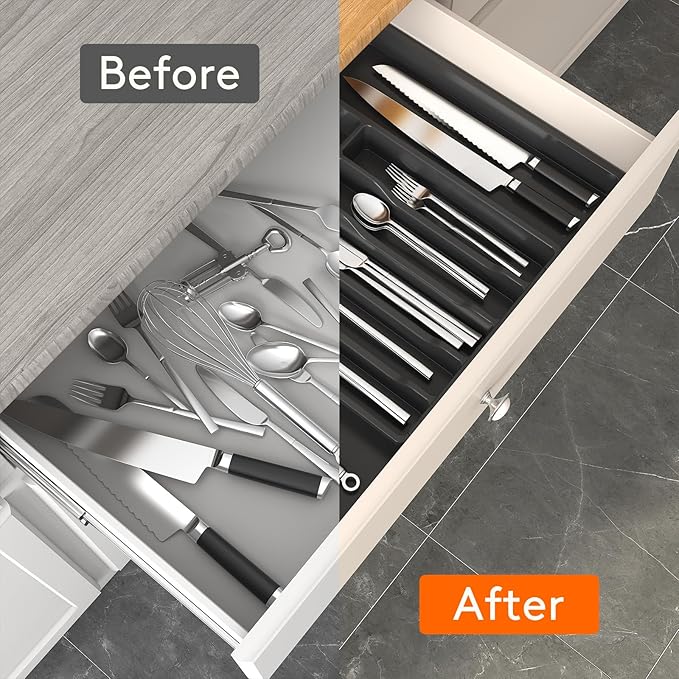 Lifewit Silverware Drawer Organizer, Expandable Utensil Tray for Kitchen, BPA Free Flatware and Cutlery Holder, Adjustable Plastic Storage for Spoons Forks Knives, 33 -57 x 42cm, Black - Image 7