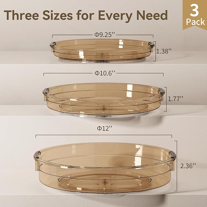 LAMU 3 Pack Lazy Susan Organizer Turntable for Cabinet, Condiment Organizer for Kitchen Pantry Organizers and Storage, Table Top, Fridge, Countertop, Spice Organization, 12'' 10.6'' 9.25'', Amber - Image 6