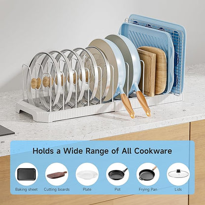 MUDEELA Pot Lid Organizer Rack for Cabinet, Expandable Pots and Pans Organizer under Cabinet with 12 Adjustable Dividers, Pan Organizers Holder inside Cabinet for Cutting Boards, Baking Sheets, White - Image 3