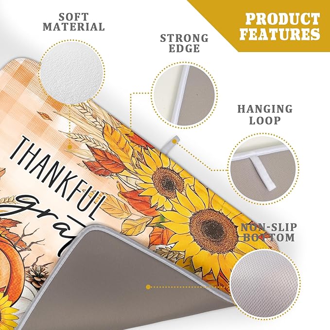 Giwawa Autumn Pumpkins Dish Drying Mat for Kitchen Countertop, Fall Sunflowers Thankful Grateful Blessed Dish Drainer Mats 18x24in, Thanksgiving Harvest Decorative Reversible Dish Drying Pad