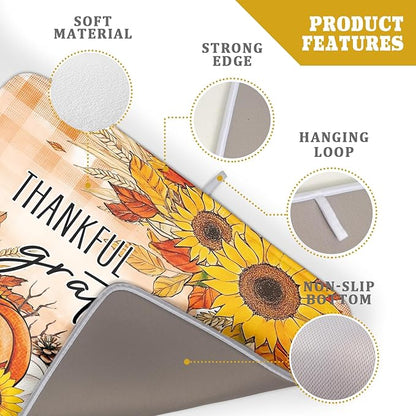 Giwawa Autumn Pumpkins Dish Drying Mat for Kitchen Countertop, Fall Sunflowers Thankful Grateful Blessed Dish Drainer Mats 18x24in, Thanksgiving Harvest Decorative Reversible Dish Drying Pad