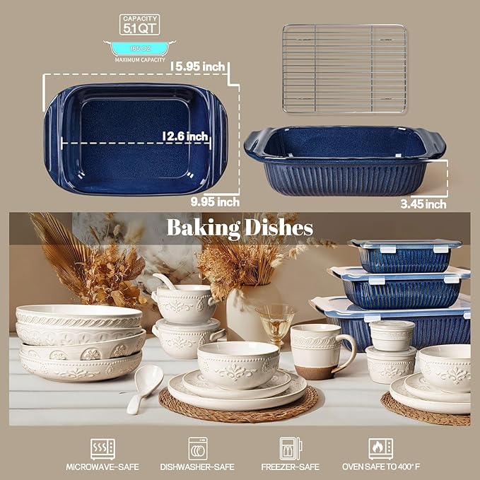 Artena Baking Dish 5.1 Quarts, Casserole Dishes For Oven, Baking Pan With Handles, Lasagna Pan Deep, Large Casserole Dish, Rectangular White Ceramic Bakeware, Blue (Baking Dish With Rack) - Image 2