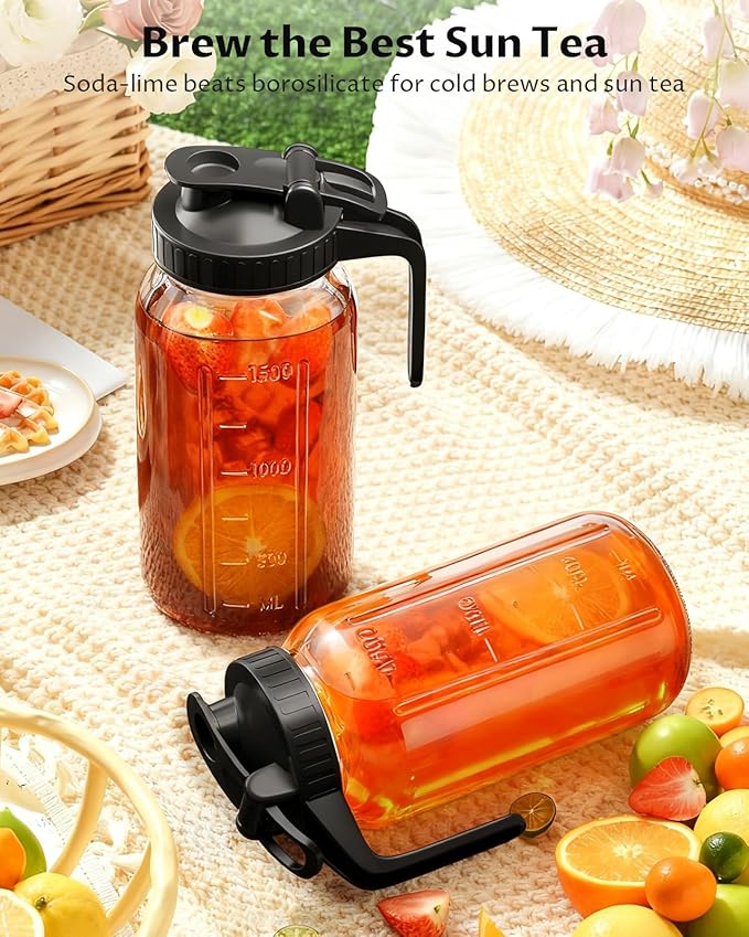64 oz Mason Jar Pitcher – Airtight & Leakproof Glass Pitcher with Lid, Perfect for Iced Tae, Sun Tea, Cold Brew, Breastmilk, 2 Quart (1/2 Gallon) Mason Jar with Pour Spout Lid Flip-Cap & Handle - Image 6