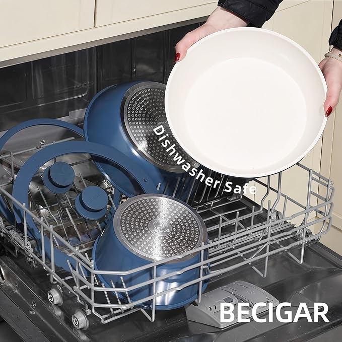 BECIGAR 23pcs Ceramic Pots and Pans Set, Nonstick Detachable Handle Cookware, Induction Kitchen Cooking Set with Removable Handle,include Frying Pans & Saucepans Oven Safe(Blue) - Image 6