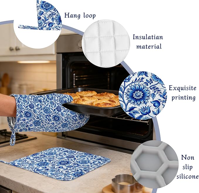 Oven Mitts and Pot Holders Sets Blue White Floral Silicone Kitchen Mits Potholders Vintage Flowers Heat Resistant 4Pcs Oven Gloves Hot Pads for Baking Cooking BBQ Grilling Home Decor