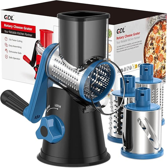 Cheese Grater Rotary, Rotary Grater for Kitchen, Kitchen Vegetable Slicer with 3 Drum Blades, Fast Cutting Cheese Shredder for Vegetables and Nuts by GDL