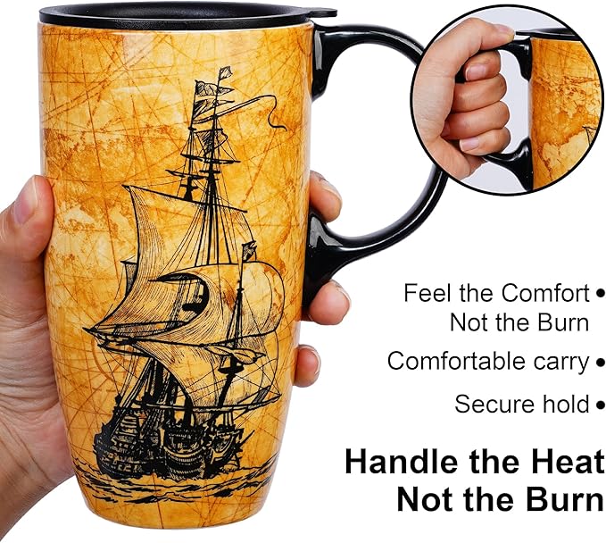 Topadorn Ceramic Travel Mug with Lid and Handle - 17 Oz Coffee Mug Ceramic Latte Teacup with Color Box, Splash Resistant Lid –Coffee Cup for Car Cup Holder, Sailboat