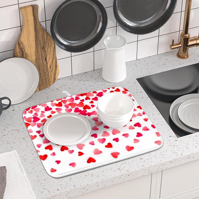 Valentines Dish Drying Mat for Kitchen Counter Hearts Holiday Microfiber Absorbent Dish Draining Reusable Washable Foldable 16"x18" - Image 6