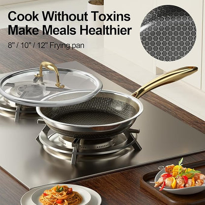 FogDream 10 Inch Stainless Steel Frying Pan with Lid, Honeycomb Hybrid Nonstick Skillet for Induction & All Cooktops, PFAS/PFOA/PTFE Free, Oven Safe to 500°F, Stay-Cool Handle, Dishwasher Safe, Gold - Image 2