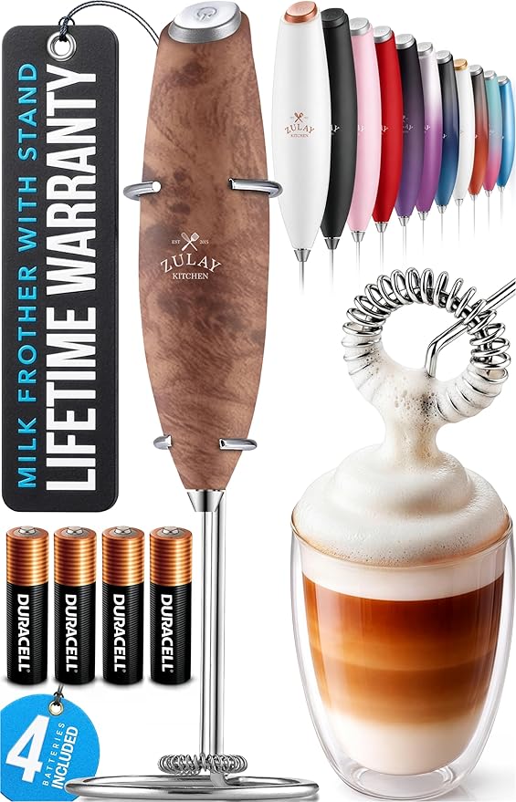 Zulay Kitchen Powerful Milk Frother Wand With 4 AA Duracell Batteries - Ultra Fast Handheld Drink Mixer - Electric Whisk Foam Maker for Coffee, Lattes, Cappuccino, Matcha & Creamer - Walnut by ZulayKitchen