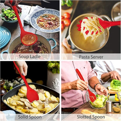 P&P CHEF Silicone Cooking Utensils Set of 7, Heat-proof Kitchen Utensils Set for Nonstick Cookware, Non-stick Spatula, Slotted Turner, Soup Ladle, Pasta Server, Spoon for Cooking Serving - Red - Image 4