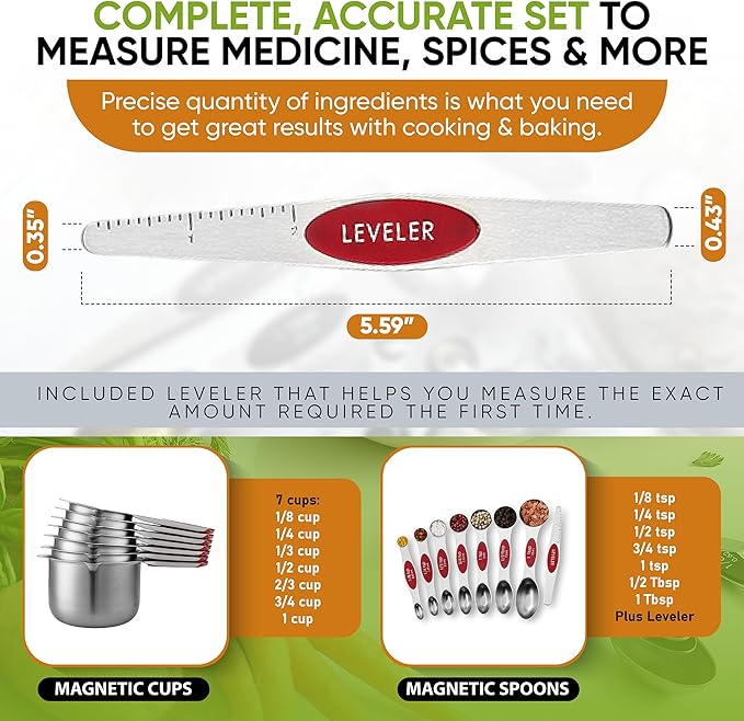 Spring Chef Magnetic Measuring Cups & Spoons Set, Patented, Strong N45 Magnets, Heavy Duty Stainless Steel Fits in Spice Jars for Baking & Cooking, BPA Free, Round Set of 15 with Leveler, Red - Image 6