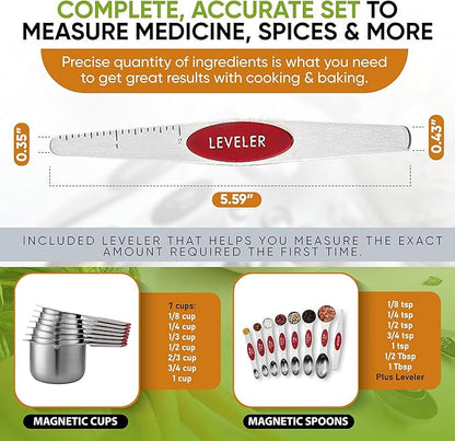 Spring Chef Magnetic Measuring Cups & Spoons Set, Patented, Strong N45 Magnets, Heavy Duty Stainless Steel Fits in Spice Jars for Baking & Cooking, BPA Free, Round Set of 15 with Leveler, Red - Image 6