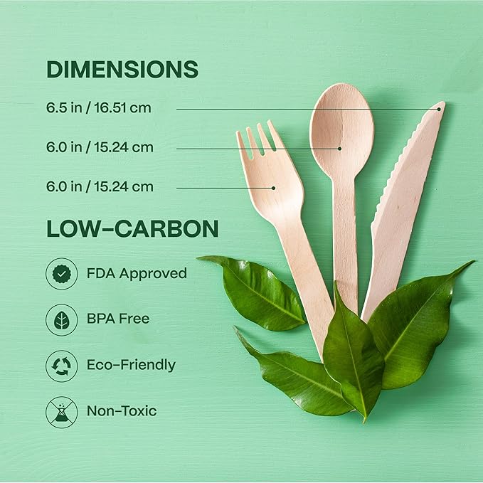 100% Compostable Cutlery Set - 300 Pieces Wooden Compostable Utensils [120 Forks, 90 Knives, 90 Spoons] - Disposable Wooden Cutlery, Eco Friendly Forks And Spoons Disposable Cutlery Set Party Utensils - Image 5
