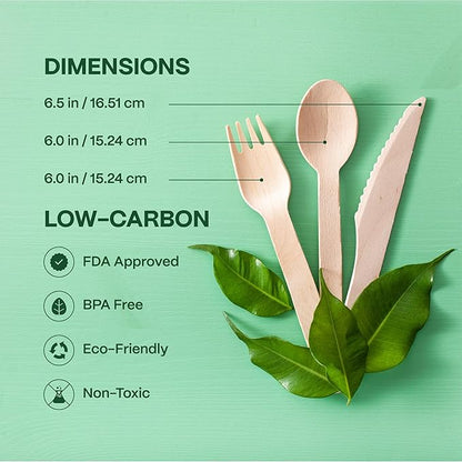 100% Compostable Cutlery Set - 300 Pieces Wooden Compostable Utensils [120 Forks, 90 Knives, 90 Spoons] - Disposable Wooden Cutlery, Eco Friendly Forks And Spoons Disposable Cutlery Set Party Utensils - Image 5