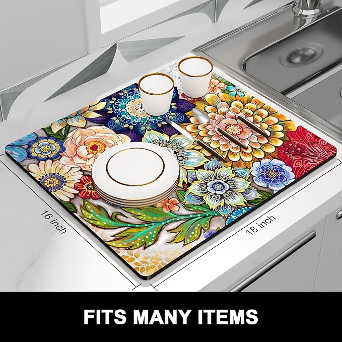 Rnivvi Dish Drying Mat for Kitchen Counter, 16 x 18" Cute Flower Theme Absorbent Heat Resistant Drying Pad with Non-slip Rubber, Coffee Bar Mats for Coffee Machine Dish Rack, Mandala Floral - Image 3
