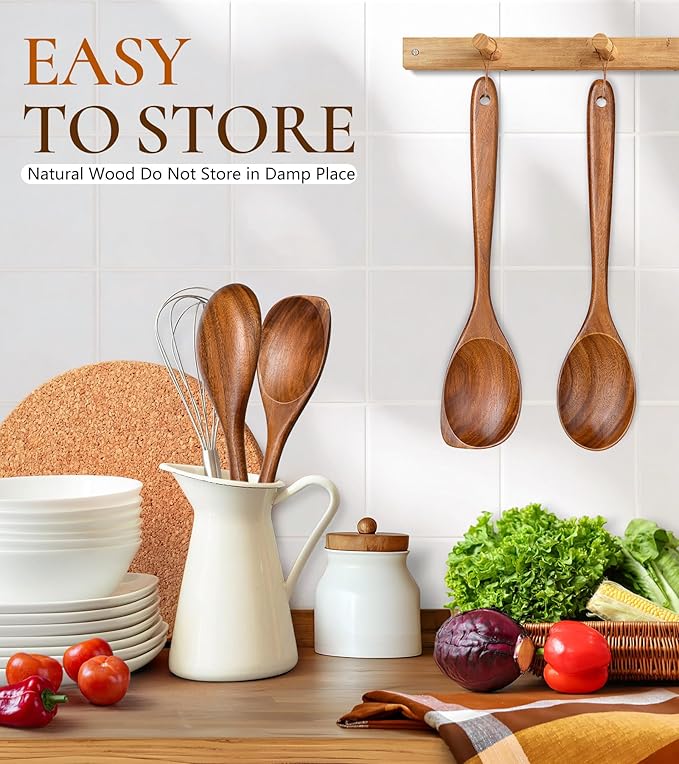 2Pcs Wooden Spoons for Cooking, Natural Premium Teak Wood Spoon & Corner Spoon, Good Grip Large Cooking Spoons Spatula, Heat Resistant Wooden Kitchen Cooking Utensils Set for Nonstick Cookware - Image 6