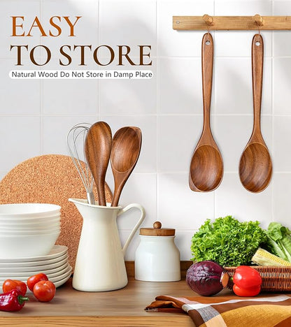 2Pcs Wooden Spoons for Cooking, Natural Premium Teak Wood Spoon & Corner Spoon, Good Grip Large Cooking Spoons Spatula, Heat Resistant Wooden Kitchen Cooking Utensils Set for Nonstick Cookware - Image 6