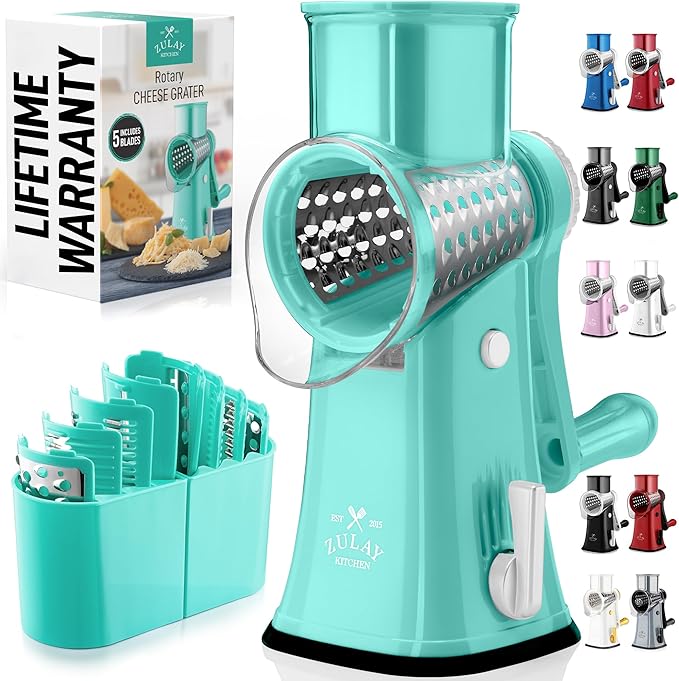Zulay Kitchen Rotary Cheese Grater 5 Blade Cheese Shredder - Manual Hand Crank Cheese Grater With Reinforced Suction & 5 Interchangeable Drums - Easy to Use, Vegetable Chopper Round Mandoline Slicer by ZulayKitchen