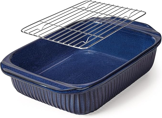 Artena Baking Dish 5.1 Quarts, Casserole Dishes For Oven, Baking Pan With Handles, Lasagna Pan Deep, Large Casserole Dish, Rectangular White Ceramic Bakeware, Blue (Baking Dish With Rack) by Artena