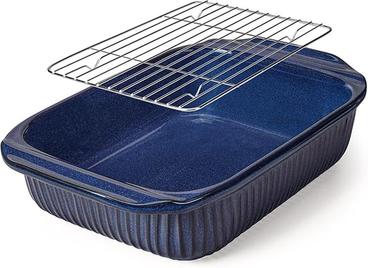 Artena Baking Dish 5.1 Quarts, Casserole Dishes For Oven, Baking Pan With Handles, Lasagna Pan Deep, Large Casserole Dish, Rectangular White Ceramic Bakeware, Blue (Baking Dish With Rack) by Artena