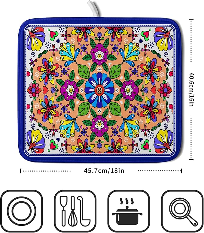 Mexican Talavera Dish Drying Mat Navy Blue Microfiber Dish Drain Pad for Kitchen Decor - Image 2