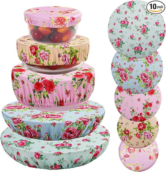 10Pcs Reusable Bowl Covers In 5 Size, Stretch Cloth Fabric Dish Cover Kitchen Storage Containers Lids for Fruits Food Leftover Dough Bread Proofing