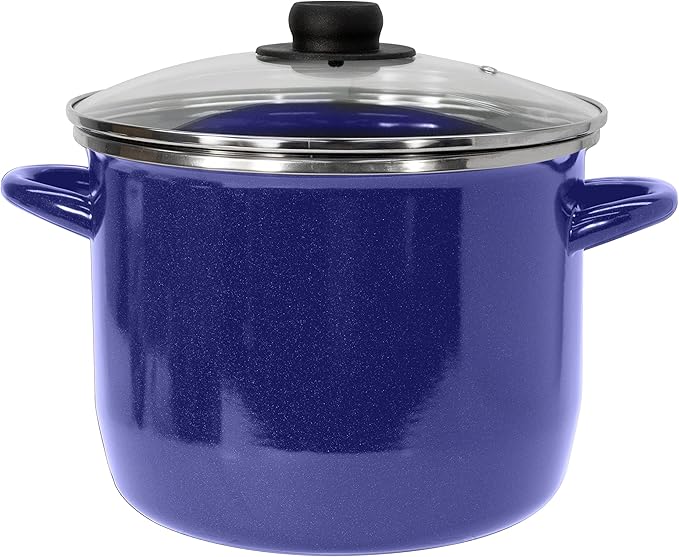 EKCO EOS 8-Quarts Alloy Steel Speckled Stockpot with Glass Lid - Dishwasher and Oven Safe Cooking Pot up to 350°F - Induction Cookware for All Cooktops - Non-Reactive Enameled Soup Pot - Blue by Ekco