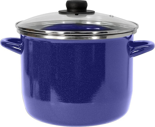 EKCO EOS 8-Quarts Alloy Steel Speckled Stockpot with Glass Lid - Dishwasher and Oven Safe Cooking Pot up to 350°F - Induction Cookware for All Cooktops - Non-Reactive Enameled Soup Pot - Blue by Ekco