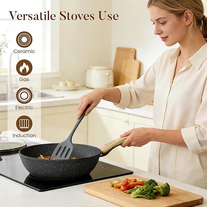 Kitchen Academy Induction Cookware Sets - 12 Piece Gray Cooking Pan Set, Granite Nonstick Pots and Pans Set - Image 7