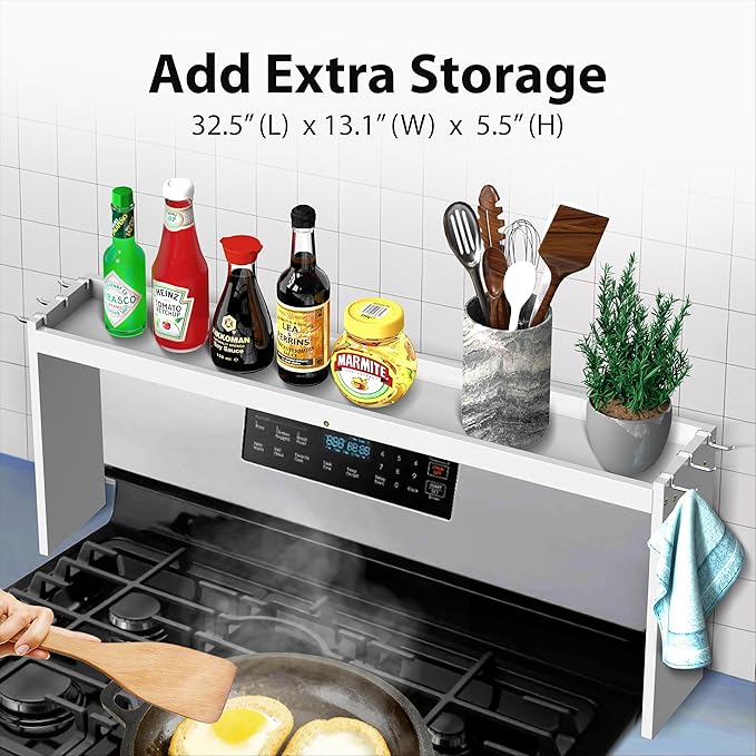 IIIOIIIA Bamboo Over the Stove Spice Shelf for Kitchen, 31.5" Spice Rack Organizer Shelf with 6 hooks, 11.4" Height Extra Storage Countertop, Easy to Assemble, White - Image 2