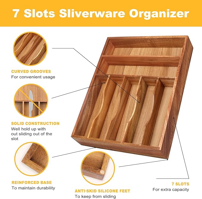 Kitchen Acacia Silverware Organizer - Extra Deep Grooved Drawer Divider, 7 Slot Utensil Organizer - Image 5