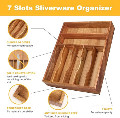 Kitchen Acacia Silverware Organizer - Extra Deep Grooved Drawer Divider, 7 Slot Utensil Organizer - Image 5