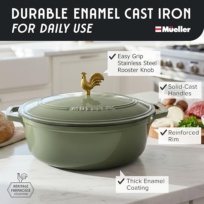 MUELLER HOME 5.5 Quart Enameled Cast Iron Oval Dutch Oven w Rooster Knob & Cotton Potholders, Heavy-Duty Cookware, Oven-Safe up to 500° F & Across All Cooktops, Gifts for Grandma & Women, Thyme Green - Image 2