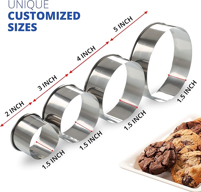 Cookie Cutter Set, 4 Pc. Kit, Measuring 2'', 3'', 4'' and 5'', Round Metal Baking Rings for Pastry, Biscuits, and Dough Cutting, Heavy Duty and Reusable, Multiple Sizes - Image 3