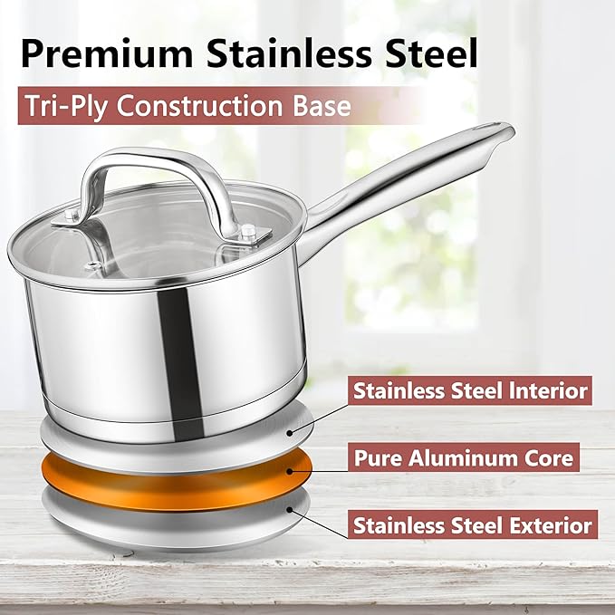 E-far 1 Quart Saucepan with Lid, Stainless Steel Small Sauce Pan Boiling Pot for Cooking, Compatible with All Stoves, Healthy & Non Toxic, Oven & Dishwasher Safe - Image 6
