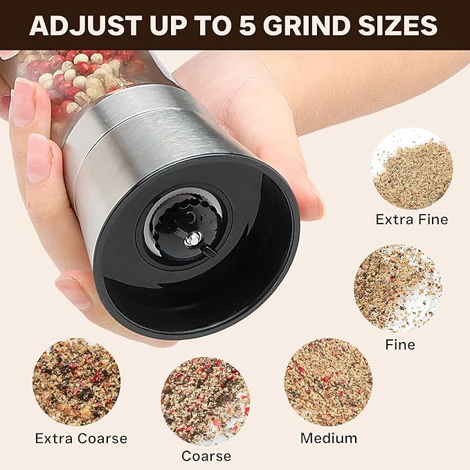 Premium Stainless Steel Salt and Pepper Grinder Set of 4 - Adjustable Ceramic Sea Salt Grinder & Pepper Grinder - Glass Salt and Pepper Shakers - Pepper Mill & Salt Mill W/Funnel - Image 6
