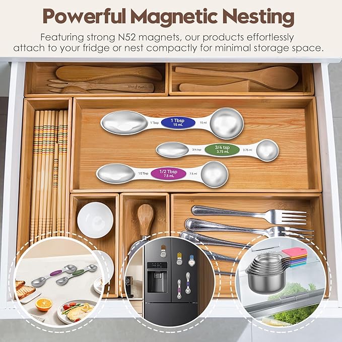 Magnetic Measuring Cups and Spoons Set - 304 Stainless Steel | Dual-sided Design | Set of 15 with Leveler | Strong N52 Magnetic Nesting Design | for Dry & Liquid Ingredients (Colorful) - Image 5