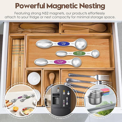 Magnetic Measuring Cups and Spoons Set - 304 Stainless Steel | Dual-sided Design | Set of 15 with Leveler | Strong N52 Magnetic Nesting Design | for Dry & Liquid Ingredients (Colorful) - Image 5