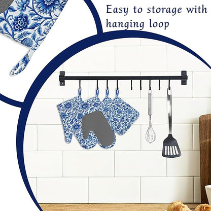 Oven Mitts and Pot Holders Sets Blue White Floral Silicone Kitchen Mits Potholders Vintage Flowers Heat Resistant 4Pcs Oven Gloves Hot Pads for Baking Cooking BBQ Grilling Home Decor