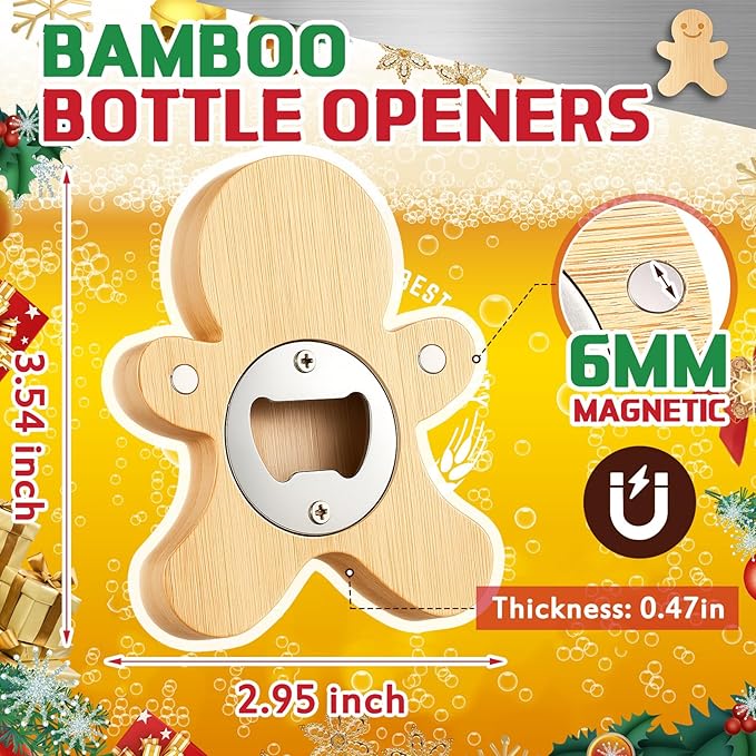 Vesici 12 Pcs Magnetic Bottle Opener 2.5in DIY Bamboo Gingerbread Man Shape Beer Openers Wooden Fridge Magnet Refrigerator Sticker Gift for Beer Lover Wedding Guest Kitchens Bars Parties - Image 3