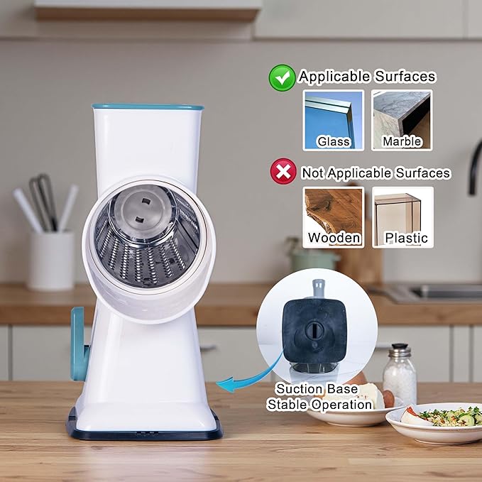 White Rotary Cheese Grater with Suction Base, Hand Crank Cheese Grater for Hard Cheese, Vegetables，Nuts, 3 Stainless Steel Drum Blades, Easy Clean Kitchen Gadget - Image 5