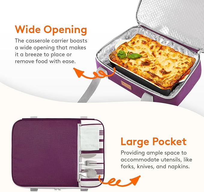 Lifewit Insulated Double Decker Casserole Carrier, Expandable Lasagna Lugger Tote Bag for Hot or Cold Food, Fits 9" x 13" Baking Dish for Potluck Parties, Picnic and Cookouts, Purple