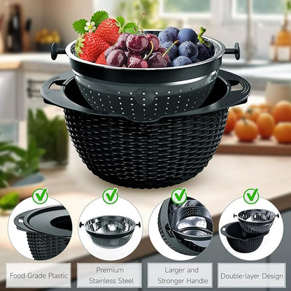 4-1 Colander with Bowl Set - Pasta Strainer - Colander for Kitchen - Strainers and Colanders Rice Strainer Fruit Cleaner Veggie Wash Sink Strainer Kitchen Essentials - Black - Image 6