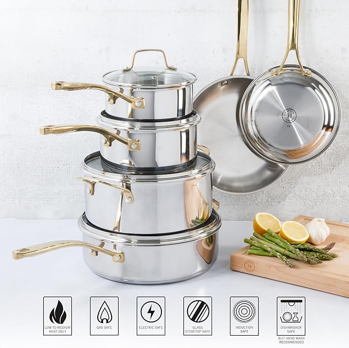 Martha Stewart Castelle 10 Piece 18/8 Durable Stainless Steel Induction Safe Pots and Pans Non-Toxic Kitchen Cookware Set - Gold Handles - Dishwasher Safe - Image 6