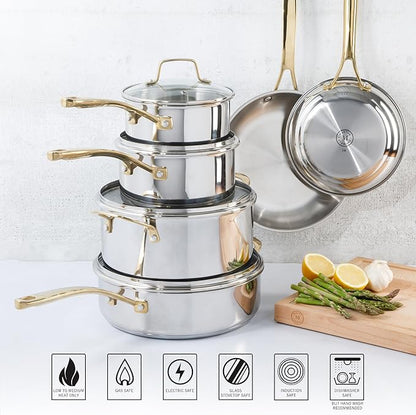 Martha Stewart Castelle 10 Piece 18/8 Durable Stainless Steel Induction Safe Pots and Pans Non-Toxic Kitchen Cookware Set - Gold Handles - Dishwasher Safe - Image 6